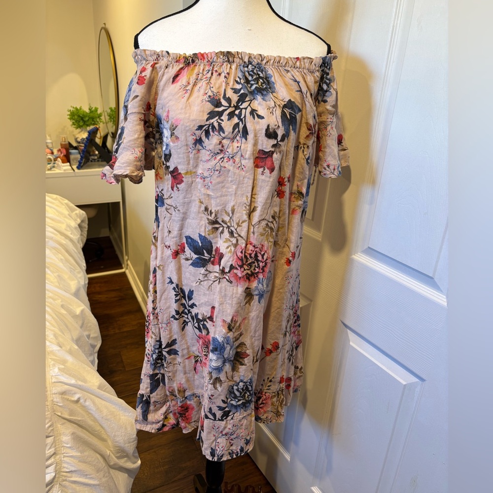 Lungo L’Arno Italian Linen Floral Off Shoulder Dress S Cottagecore Made in Italy